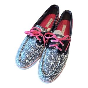 Sperry Topsider Biscayne Black White Pink Sequin Lace Up Boat Shoes 11